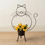Kedi Figürlü Yer Saksılığı - Metal Üç Ayaklı Tek Saksı ve Çiçeklik (Siyah)