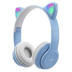 Kedi Kulaklıklı Bluetooth Kulaklık - Kablosuz Kulak Üstü Kulaklık, LED Işıklı, Dahili Mikrofonlu, Çocuklar ve Gençler İçin Eğlenceli Tasarım (Mavi)