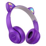 Kedi Kulaklıklı Bluetooth Kulaklık - Kablosuz Kulak Üstü Kulaklık, LED Işıklı, Dahili Mikrofonlu, Çocuklar ve Gençler İçin Eğlenceli Tasarım (Mor)