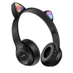 Kedi Kulaklıklı Bluetooth Kulaklık - Kablosuz Kulak Üstü Kulaklık, LED Işıklı, Dahili Mikrofonlu, Çocuklar ve Gençler İçin Eğlenceli Tasarım(Siyah)