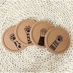 Kedi Pati Desenli Mantar Bardak Altlığı, 10 cm, 4'lü Set, Kalınlaştırılmış, Rustik Tarz Dekoratif