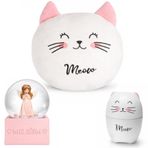 Kedi Temalı Dekoratif Tasarıma Sahip Hediye Seti – Peluş Kedi Yastık + Buhar Makinesi Nemlendirici + Melek Figürlü Kar Küresi | Dekoratif Hediye Seti