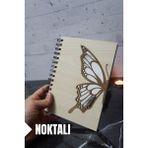 Kelebek Temalı Ahşap Kapaklı Defter - Noktalı Defter - Ajanda - Okul Defteri (A5 - 120 Sayfa)