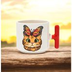 Kelebek ve Kedi Tasarımlı Kırmızı T Kulplu Seramik Baskılı Kupa Bardak 250 ml - 010 - Beyaz