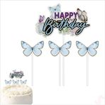 Kelebekli Happy Birthday Pasta Süsü 4’lü Set - Mavi