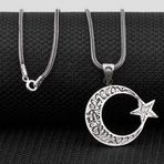 Kelimei Tevhid Yazılı Büyük Boy Ay Yıldız Tasarımlı 925 Ayar Gümüş Kolye