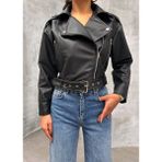 Kemerli Oversize Crop Deri Ceket - Siyah
