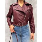 Kemerli Oversize Crop Deri Ceket - XL - Bordo