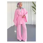 kendii modamm Pembe Poplin Takım Pamuklu Panço Kesim Üst ve Beli Lastikli Bol Paça Pantolon Yazlık Tesettür Takım