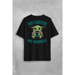 Kendim Seçtim Baby Yoda No Coffee No Workee Star Mandalorian Kahve Sırt Ön Baskılı Oversize Tişört Unisex T-Shirt - Siyah - 2XL
