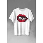 Kendim Seçtim Dudaklar Piercing Kadın Ağzı Baskılı Tişört T-Shirt Beyaz - 63A-Beyaz