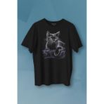Kendim Seçtim Mor Battaniye Üstünde Uzanan Sevimli Kedi Black Cat Baskılı Tişört Unisex T-Shirt10 - 2XL - Siyah