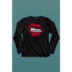 Kendim Seçtim Seksi Dudaklar Sexy Piercing Kadın Ağzı Uzun Kollu Tişört Baskılı T-Shirt - 001-Siyah - XS
