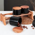 Keramika Ege Ahşap Standlı Mat Siyah 10 cm 3 Parça Saklama Kabı