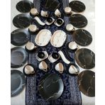 Keramika Mat Siyah Beyaz Mermer Desen 50 Parça 12 Kişilik Kahvaltı Takımı