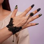 Kercisbeauty Vintage Siyah Dantel Bileklik Gözyaşı Damlası Değerli Taş Sallantılı Düğün Gelin Zarif Dantel El Zinciri Parmak Yüzük Kadın Kız Cosplay Takı (Stil 7)