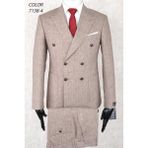 Keten Çizgili Kruvaze Torba Cep Fileli Astar Geniş Sivri Yaka Slim Fit Çift Yırtmaç Drop 6 Takım Elbise - 56 - Açık Kahve