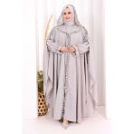Keten Pelerinli Elbise Abaya Takım 8021 Açık Gri