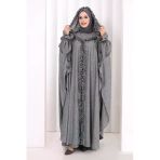 Keten Pelerinli Elbise Abaya Takım 8021 Antrasit