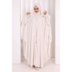 Keten Pelerinli Elbise Abaya Takım 8021 Ekru