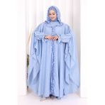 Keten Pelerinli Elbise Abaya Takım 8021 Mavi