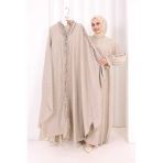 Keten Pelerinli Elbise Abaya Takım 8021 Vizon