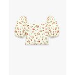 Keten Viskon Karışımlı Gipeli Slim Fit Poplin Kare Yaka Crop Balon Kollu Çilek Desenli Bluz