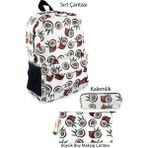 Ketnez 3'lü Set Hindistan Cevizi Desenli Sırt Çantası Kalemlik Makyaj Çantası Büyük Boy Makyaj Çantası - Renkli - 19cm X 8cm X 4cm - Kalem Kutusu
