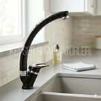 Kevser Su Armatürleri Kuğ Batarya Mutfak ve lavabo Düz Boru Siyah
