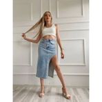 Key Moda Kadın Taşlı Yırtmaç Detaylı Kot Etek Mavi - Buz Mavi - 38