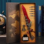Keyfim Shop Kişiye Özel Lüks Tüylü Divit Kalem Seti – Mürekkep Şişeli, Kutulu Vintage Yazı Seti, Dekoratif Hediye Kalem - Kırmızı