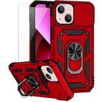 KEYUJIE iPhone 12 Mini Kılıf ve iPhone 13 Mini Kılıf Slayt Kamera Kapaklı HD Ekran Koruyucu [Askeri Sınıf 16 ft.Drop Test] Manyetik Halka Destek Çubuğu Koruyucu Telefon Kılıfı iPhone 12/13 Mini, Kırmızı