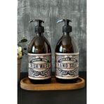 Khakma Amber Renkli Vintage Cam Sabunluk Seti 500 ml Ahşap Stantlı 2'li Suya Dayanıklı
