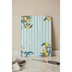 KHAKMA LemonStripe Cam Kesme Tahtası – 25x35 cm | Çizgili Mavi Arka Plan Limon Çiçek Desenli | Temperli Cam