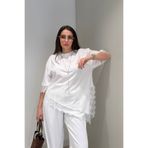 khar Kadın Dantel Detaylı Oversize Bluz-Salaş Kesim Yarbiım Kol Asimetrik Tasarım Günlük ve Şık Kombin