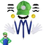 KHDULQ Mario Kostüm Aksesuarları, Luigi Kostümü Çocuk Yetişkin, Karnaval Temalı Parti Cosplay Kırmızı Şapka Şapkalı Bıyık Eldiven Sakal Sarı Düğmeler, Karnaval Kostümleri, Çocuklar Kadın Erkek için