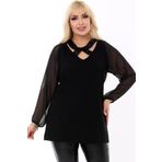 Kheos Yuvarlak Yaka Boynu Pul Payet Detaylı Uzun Ucu Lastikli Tül Kol Esnek Likralı Büyük Beden Bluz