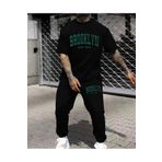 khufu Brooklyn Baskılı Oversize Kalıp Siyah T-shirt ve Siyah Eşofman ikili Takım unisex