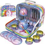 Kiddie Play Küçük kızlar için çay seti, sembolik oyun çay parti seti, tek boynuzlu at tasarım, çocuk teneke çay seti, taşıma çantalı (15 adet)
