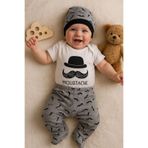 Kiddy Boo 3 lü Set %100 Pamuk 3-6 / 6-9 / 9-12 Ay Erkek Bebek Bıyıklı Zıbınlı Takım