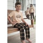 Kidora Kids Erkek Çocuk 5-14 Yaş Pamuklu Bej Renk Yazı ve Ekose Desenli Kısa Kollu Pijama Takımı (Uyku Bandı Hediyeli)