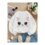 Kids Büyük Kedi Baskılı Kız Kışlık Çocuk Sweatshirt Beyaz