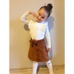 Kids Çocuk Yeni Sezon Kız Çocuk Fırfırlı Uzun Kollu Bluz & Kadife Etek Takım - Kahverengi - Krem - 3 - 4 Yaş