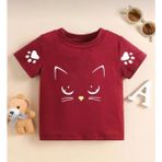 Kids Face Bisiklet Yaka Kedicik Pati Baskılı Pamuk Oversize Kız Çocuk T-Shirt - 4 Yaş - Kırmızı