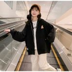 KİDS FACE Kapüşonlu Fermuarlı Minik Ayıcık Baskılı Pamuk Oversize Kız Çocuk Sweatshirt - Siyah - 6 Yaş