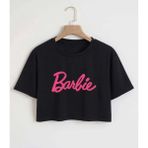 Kids Face Özel Tasarım Barbie Baskılı Pamuk Dünya Trendi Kısa Kollu Kız Çocuk Crop T-Shırt - 2 Yaş - Siyah