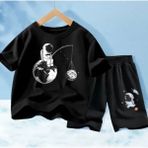 Kids Face Özel Tasarım Beyaz Astronot Baskılı Pamuk Outdoor Erkek Çocuk T-Shırt Şort Takımı - 4 Yaş - Siyah