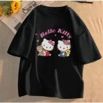 Kids Face Özel Tasarım Bisiklet Yaka Hello Kıtty Baskılı %100 Pamuk Oversize Kız Çocuk T-Shırt - 12 Yaş - Siyah