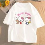Kids Face Özel Tasarım Bisiklet Yaka Hello Kıtty Baskılı %100 Pamuk Oversize Kız Çocuk T-Shırt - 5 Yaş - Beyaz