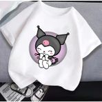 Kids Face Özel Tasarım Bisiklet Yaka Tatlı Kuromi Baskılı %100 Pamuk Oversize Kız Çocuk T-Shırt - Beyaz - 7 Yaş